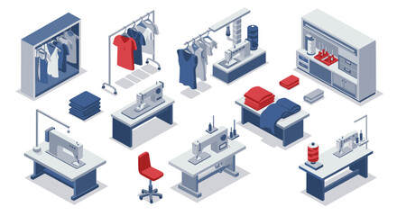 Isometric sewing workshop equipment and apparel design elements