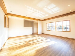 Fototapeta premium A bright, empty room inside a house after renovations. It has a wooden floor, a window, and white walls with a ceiling. A simple and modern design. 