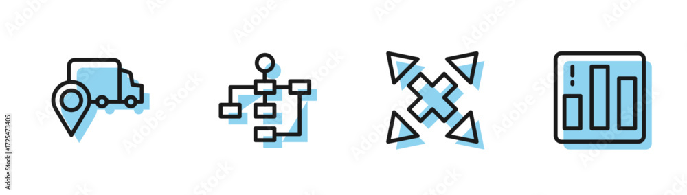 Poster set line many ways directional arrow, delivery tracking, hierarchy organogram chart and pie infograp
