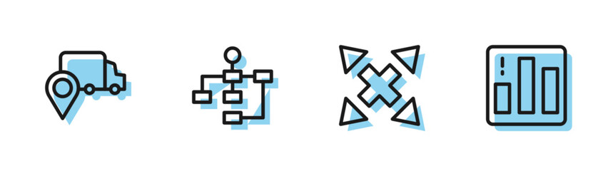 Set line Many ways directional arrow, Delivery tracking, Hierarchy organogram chart and Pie infographic icon. Vector
