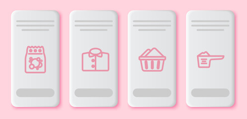 Set line Laundry detergent, T-shirt, Basin with soap suds and Washing powder. White rectangle button. Vector