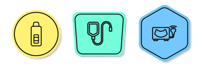 Set line Digital thermometer, IV bag and Ultrasound. Colored shapes. Vector