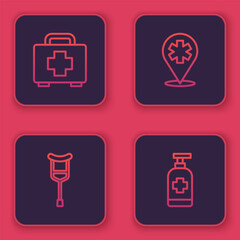 Set line First aid kit, Crutch or crutches, Location hospital and Antibacterial soap. Blue square button. Vector