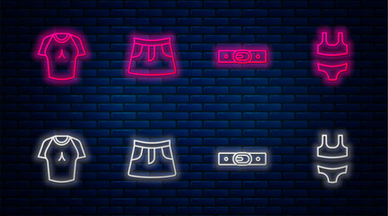 Set line Skirt, Belt, T-shirt and Swimsuit. Glowing neon icon on brick wall. Vector