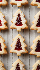 Christmas tree shaped cookies with jam filling and powdered sugar close up 