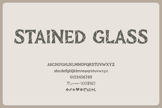 Stained Glass Mosaic Decorative Font With Colorful Textured Letters And A Shattered Effect For Creative Design Projects And Artistic Graphics.