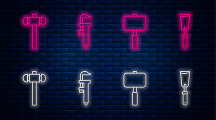 Set line Calliper or caliper and scale, Sledgehammer, Sledgehammer and Putty knife. Glowing neon icon on brick wall. Vector