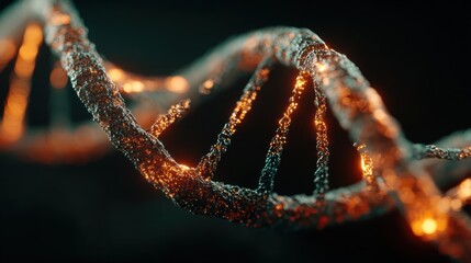 Intricate spiral of a dna structure, highlighted by warm glowing particles, creating a dynamic and scientific image.