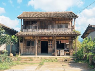 Obraz premium An old, empty house made of wood in a village. 