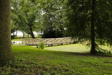Wooden bridge crossing a small stream or creek in a park forest with pond. Medieval wood build, explore adventure theme.