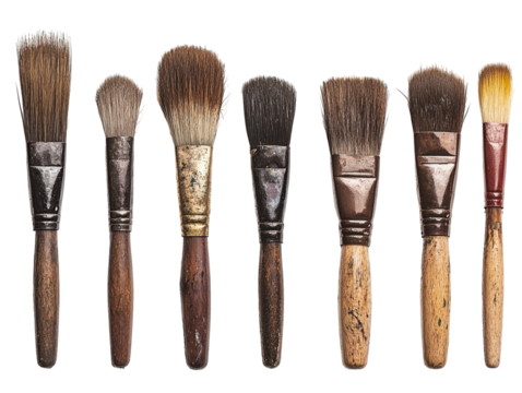 A Collection of Various Paintbrushes Displayed on a Black Background, Showcasing Different Sizes and Bristle Types for Painterly Techniques on transparent background
