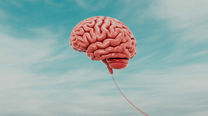 A digital illustration of a human brain balloon floating in a light blue sky.