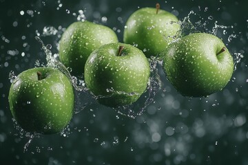 Fresh Green Apples with Water Droplets Floating in Air on Dark Background