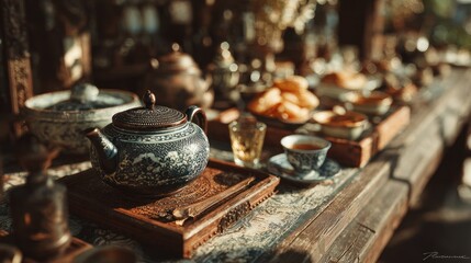 Fototapeta premium Elaborate tea setting featuring antique teaware and delicacies outdoors