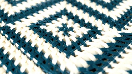 Woven texture of teal and cream plastic strips creating a geomet