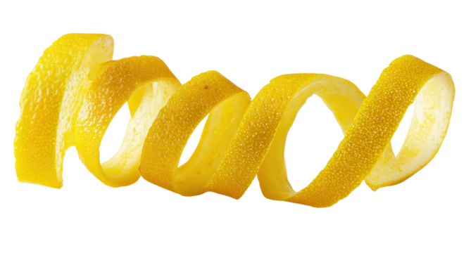 A Vibrant and Twisting Lemon Peel Displaying Its Bright Yellow Color and Unique Texture on transparent background
