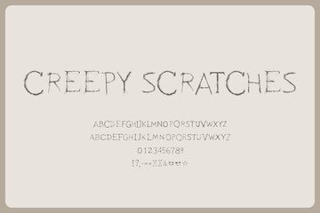 Creepy Scratches Scary Decorative Font. A Distressed Horror Typeface With Rough Textures And Scratch Marks For Spooky Designs, Halloween Posters, And Fearful Themed Projects.