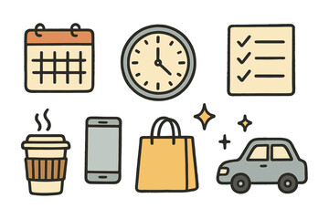 Daily essentials icons: coffee, schedule, tasks, shopping, mobile, car, time