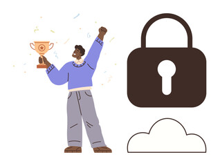 Person celebrates victory with trophy while a lock and cloud symbolize security and data storage. Ideal for achievement, success, cybersecurity, data privacy, protection, motivation, personal growth