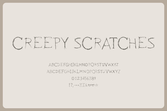 Creepy Scratches Scary Decorative Font. A Distressed Horror Typeface With Rough Textures And Scratch Marks For Spooky Designs, Halloween Posters, And Fearful Themed Projects.