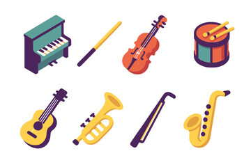 Colorful isometric musical instruments with vibrant glow on dark background