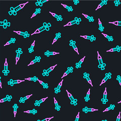 Line Syringe icon isolated seamless pattern on black background. Syringe for vaccine, vaccination, injection, flu shot. Medical equipment. Vector