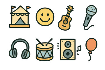 Music festival icons: instruments, smiley, tent, and celebration elements