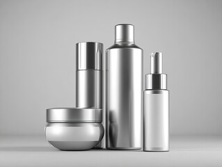 Four silver and clear cosmetic containers on a plain gray background