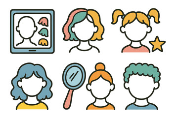 Fototapeta premium Diverse character icons with customizable features and colorful hair in outline style