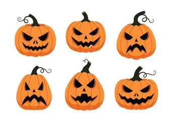 Six carved spooky jack o lantern faces with different expressions for halloween.