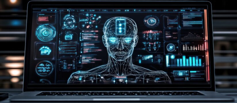Laptop screen displays a wireframe human head with data visualizations. Blue light emanates