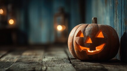 A carved Halloween pumpkin with a smiling face sits on a wooden surface. Soft light from lanterns creates a warm, festive atmosphere.