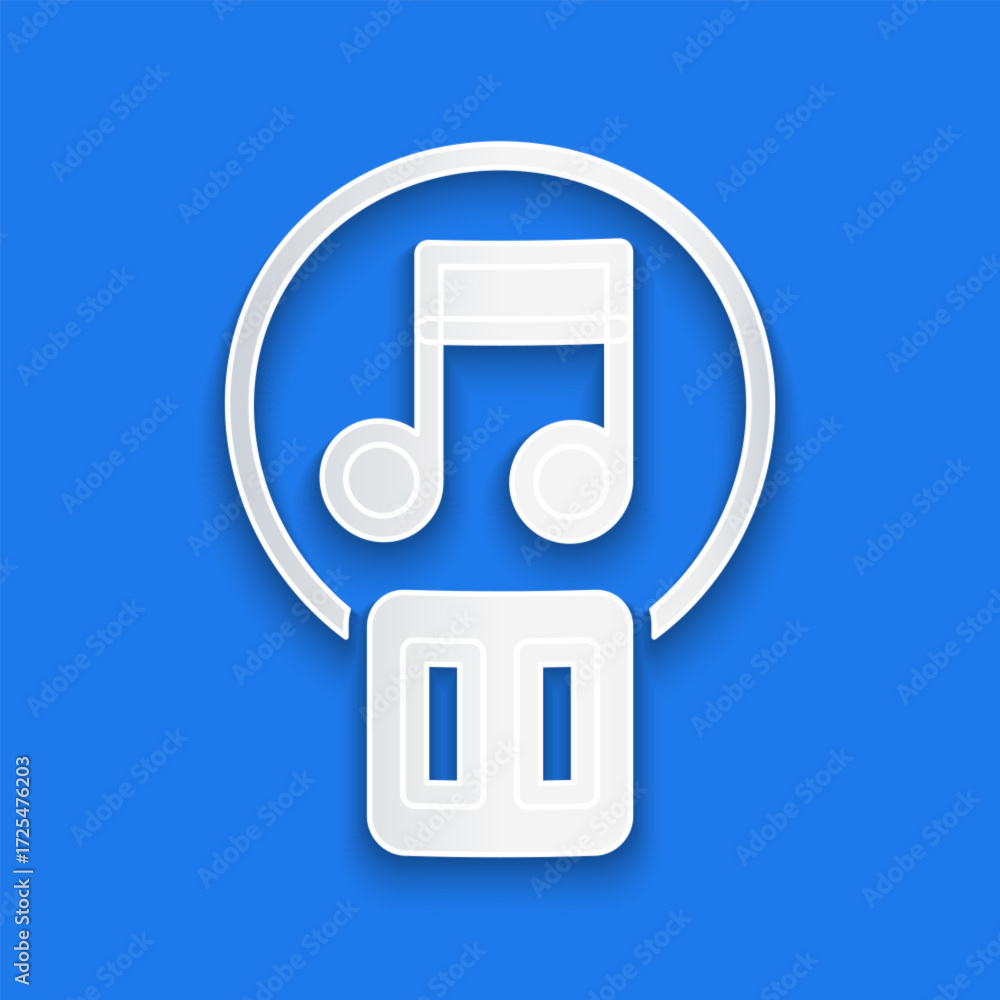 Poster paper cut pause button icon isolated on blue background. paper art style. vector
