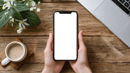 A person holds a smartphone with a blank screen, while sitting at a wooden table. A coffee cup and a laptop create a warm, inviting workspace environment