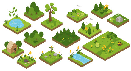 Isometric nature elements set with forest, pond, and trees for game design and landscaping