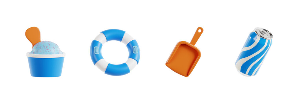 3D icon collection of summer beach treats and safety items