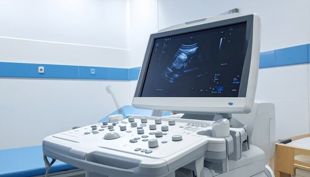 Modern ultrasound machine in a clean, sterile medical office.