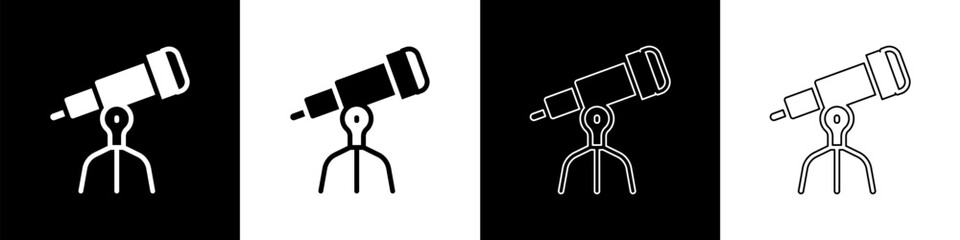 Set Telescope icon isolated on black and white background. Scientific tool. Education and astronomy element, spyglass and study stars. Vector