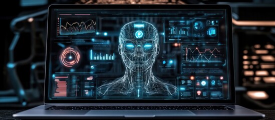 A laptop displays a sci-fi humanoid head with glowing features, surrounded by data visualizations