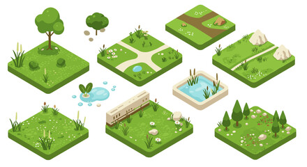Isometric nature scenes: diverse landscapes with trees, flowers, and bodies of water