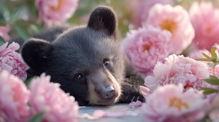 ultra realistic photo of baby bear cub lying in field of pink and white peonies, flowers taller than cub, warm sunlight, , real photography
