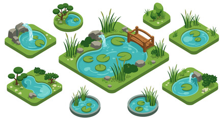 Isometric garden ponds with lush greenery and wooden bridge