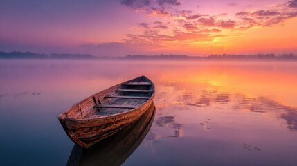 At sunrise, a lone wooden boat floats on a tranquil lake, surrounded by mist and colorful clouds. The scene captures the beauty of nature in early morning light