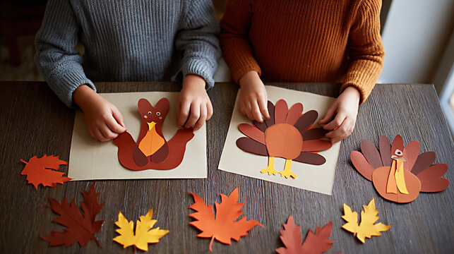 Children engaged in Thanksgiving crafts, creating colorful turkey decorations with paper cutouts and autumn leaves, showcasing creativity and festive spirit