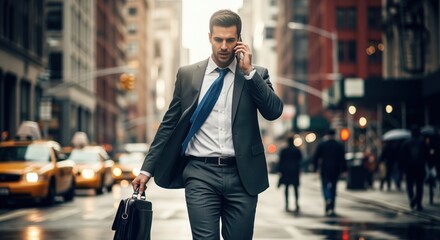 Young businessman walking on a bustling city street, talking on phone and holding briefcase