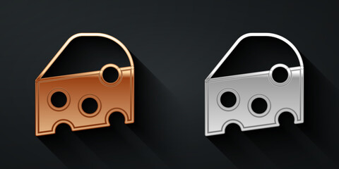 Gold and silver Cheese icon isolated on black background. Long shadow style. Vector