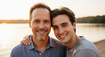 Obraz premium Happy caucasian father and adult son smiling and embracing outdoors at sunset by a lake
