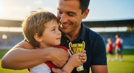 Proud father embraces his young son holding a golden trophy after a successful sports event