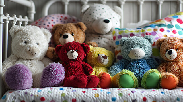 Colorful collection of plush stuffed animals on a small bed with vibrant polka dot bedding, creating a cozy and inviting atmosphere in a child's bedroom