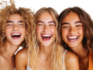 Three Joyful Friends Sharing Laughter and Happiness with Bright Smiles and Beautiful Hair, Embodying the Essence of Friendship and Joyful Moments Together on transparent background